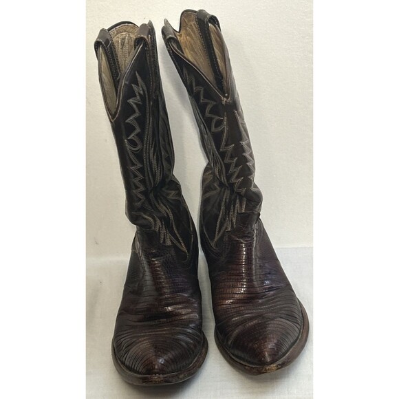 Vintage Dan Post Boots Mens 8.5 Teju Lizard Skin Brown Cowboy Western 6834 - Picture 4 of 12